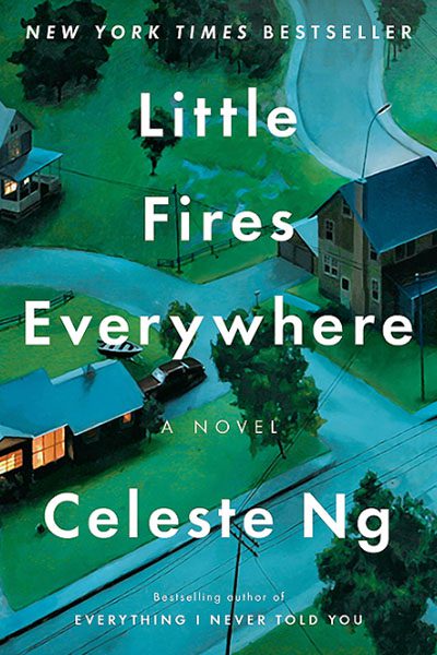 Book cover of "Little Fires Everywhere" by Celeste Ng, featuring an aerial view of a suburban neighborhood at night. Text states it's a New York Times bestseller.